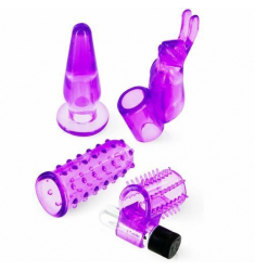 KIT JUEGOS PARA LA PAREJA ANILLO VIBRADOR,FUNDA VIBRADORA,PLUG Y DEDAL 4 EN 1